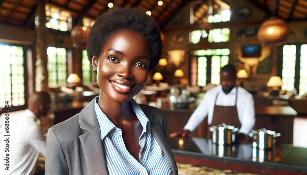A smiling African business women standing in front of her restaurant within her hotel.
