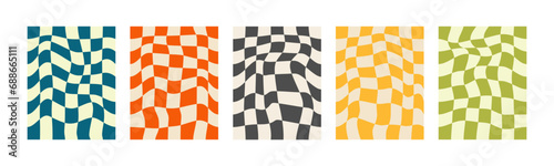 Set of chess board backgrounds. Psychedelic design in 60-70s. White background. Groovy. Trippy Colored. Seamless Pattern in hippie design. Y2k style. 