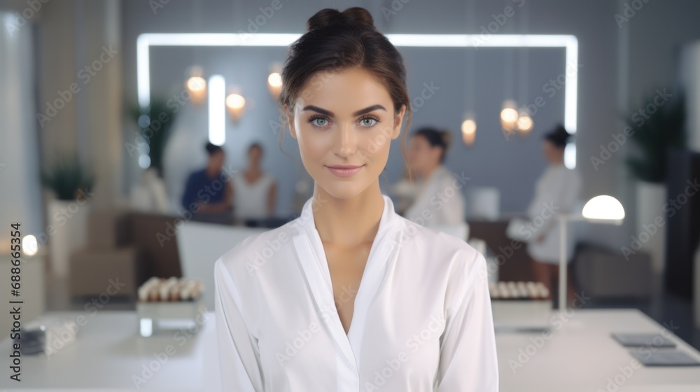 Fototapeta premium Stunning Woman at Spa Reception Seeking Beauty Treatment