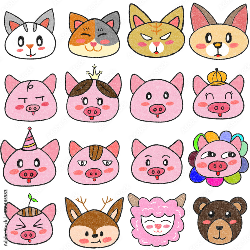 Fototapeta premium cute animal faces white background, clip art, animal face clip art