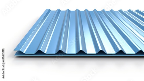 Three-Dimensional Illustration of a Blue Metallic Corrugated Galvanized Iron Roof Sheet in Aluminum on White Background.