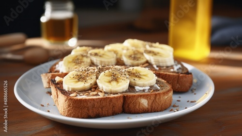 Toasted bread with almond spread, topped with sliced banana and sprinkled with chia seeds