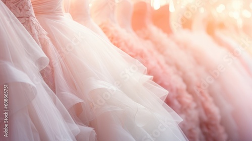 Collection of pink wedding dresses hanging on rack in dressing room. Generative AI 