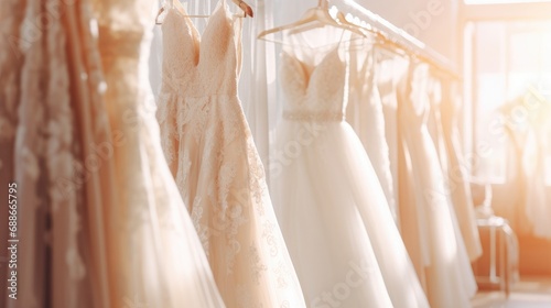 Collection of wedding dresses hanging on rack in dressing room. Generative AI photo