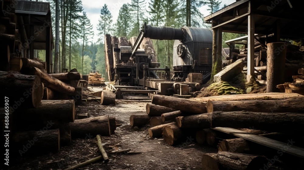 Sawmill in the forest, felling of trees and production of boards