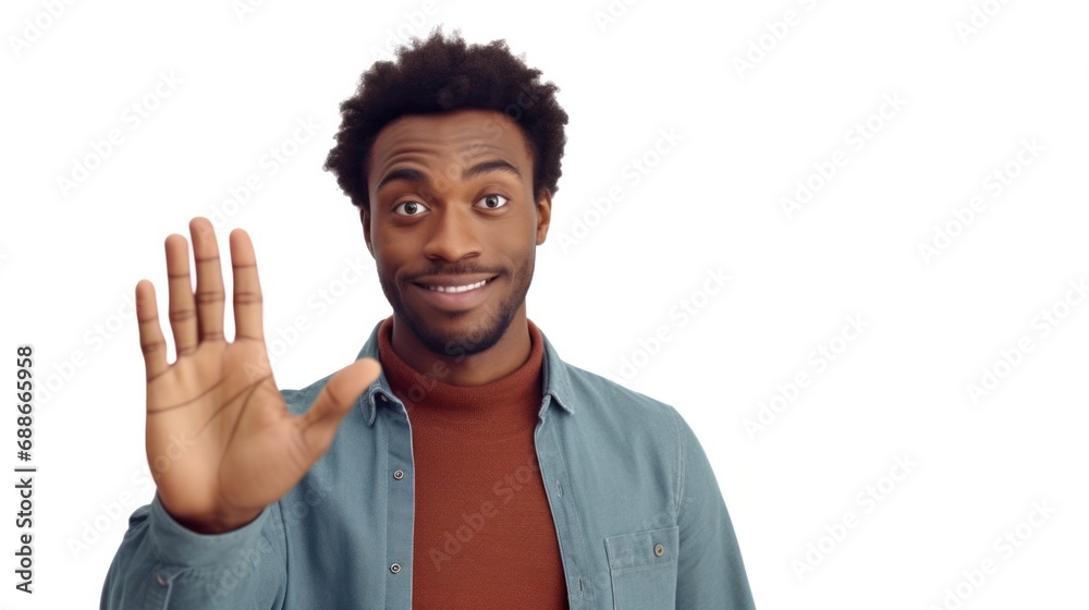 Fototapeta premium Young black man greeting camera during a video call by waving and saying hello.
