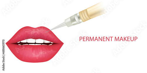 Permanent makeup process. Pigment under layers skin. Banner Process applying permanent tattoo makeup on lips in beautician salon.