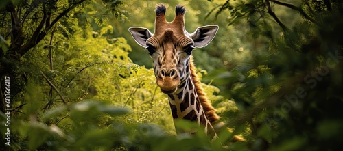 Fototapeta Naklejka Na Ścianę i Meble -  giraffe looking through a tall tree in the forest