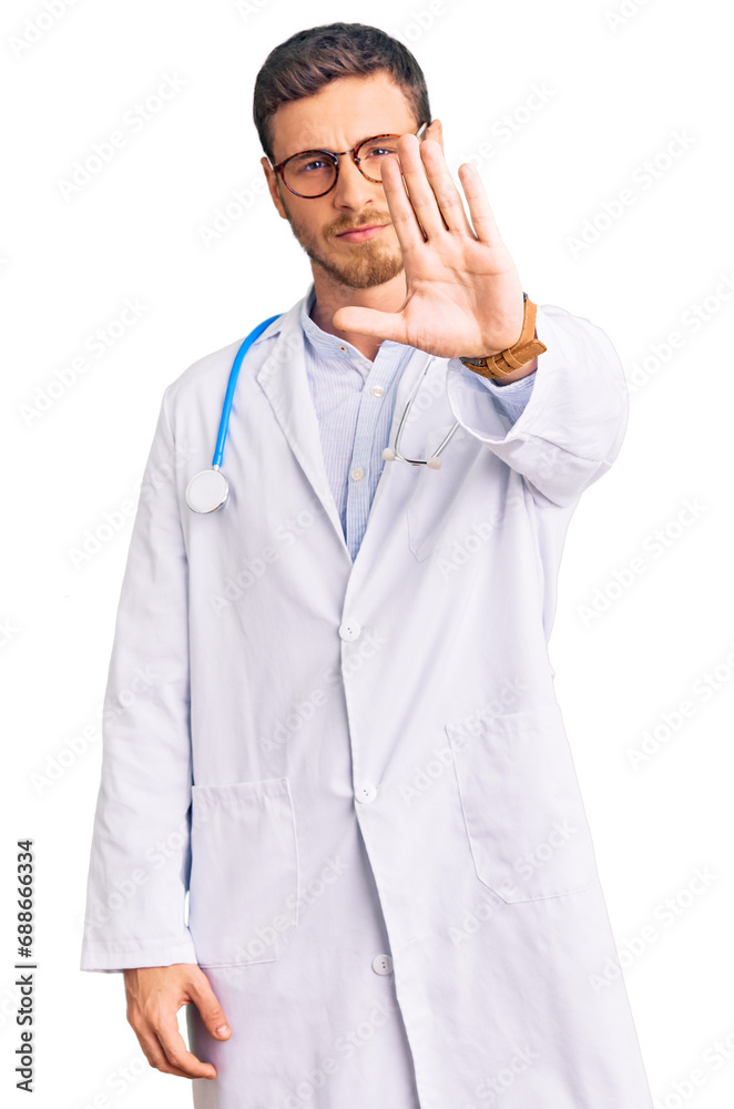 Handsome young man with bear wearing doctor uniform doing stop sing with palm of the hand. warning expression with negative and serious gesture on the face. Handsome young man with bear wearing doctor uniform doing stop sing with palm of the hand. warning expression with negative and serious gesture on the face.