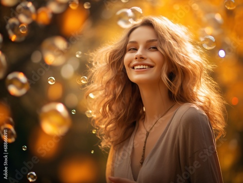 young woman smiling while having gold iridescent balls fly over her, youthful energy