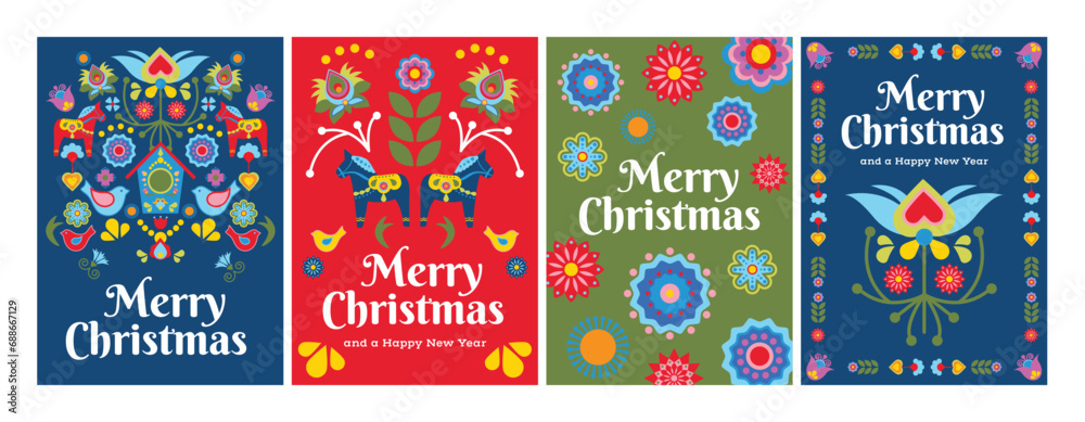 Scandinavian Scandi Folk Art Christmas Xmas Card Poster Flyer Template Design - obrazy, fototapety, plakaty 