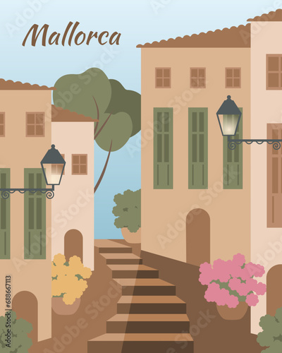 Mallorca, part of the Balearic Islands in the Mediterranean Sea, Spain. Typical village in Majorca with romantic alleys and terracotta houses. Minimalist travel and tourism concept. Hand drawn vector.