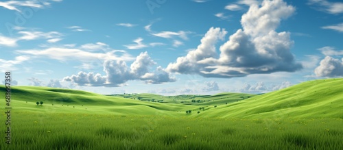 Horizon painting of green meadow summer landscape with blue sky and white clouds