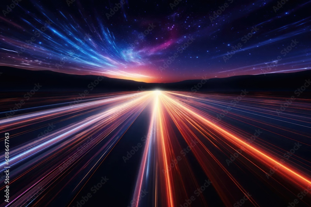 Abstract speed light trail effect path, fast moving neon futuristic technology background, futuristic virtual reality, motion effect, neon bright curve, sci-fi style, highway speed light - obrazy, fototapety, plakaty 