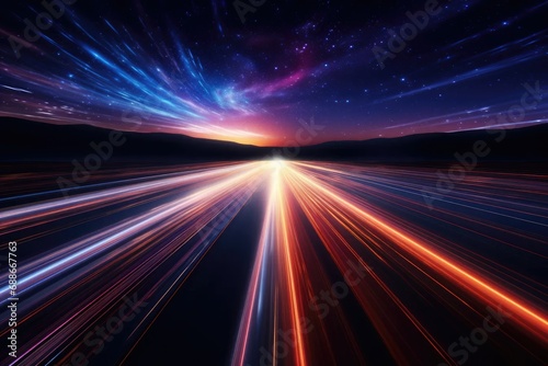 Abstract speed light trail effect path, fast moving neon futuristic technology background, futuristic virtual reality, motion effect, neon bright curve, sci-fi style, highway speed light photo