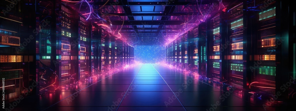 Data center and network equipment run at high performance. Server room in data center, neon lights. 