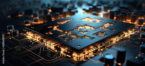 Electronic circuit board with world map, active world trade, world market. Global electronics market.
