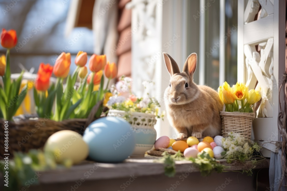 Rural house Easter decorated porch with domestic rabbit, easter eggs and spring flowers