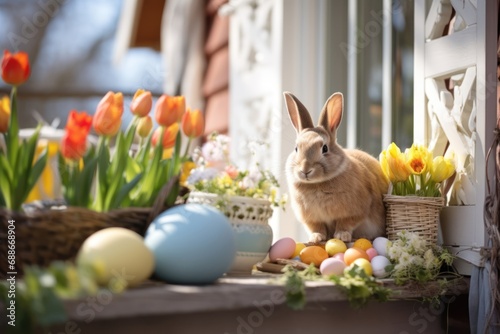 Obraz na płótnie Rural house Easter decorated porch with domestic rabbit, easter eggs and spring flowers w salonie