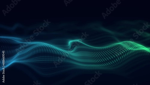 Dynamic blue wave of particles. Abstract futuristic background. Big data visualization. 3D rendering.