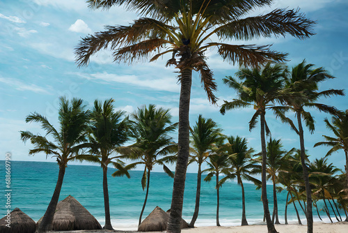 Tropical palm trees on a paradise island beach  with blue sky