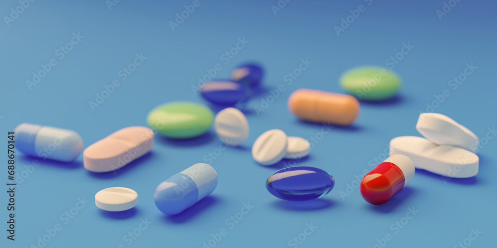 Heap of assorted colorful pills, tablets and capsules on blue background. 3D illustration about pharmaceutical industry concept.