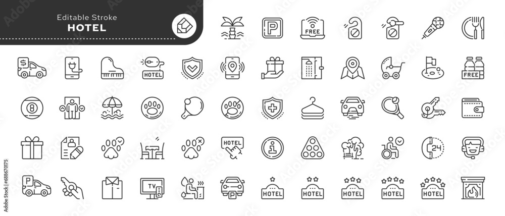 Set of line icons in linear style. Series - Hotel, business, vacation and travel. Outline icon collection. Conceptual pictogram and infographic.