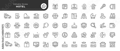 Set of line icons in linear style. Series - Hotel, business, vacation and travel. Outline icon collection. Conceptual pictogram and infographic.