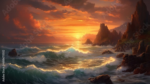 A coastal scene with waves crashing against rugged cliffs, framed by a dramatic sunset painting the sky in warm hues