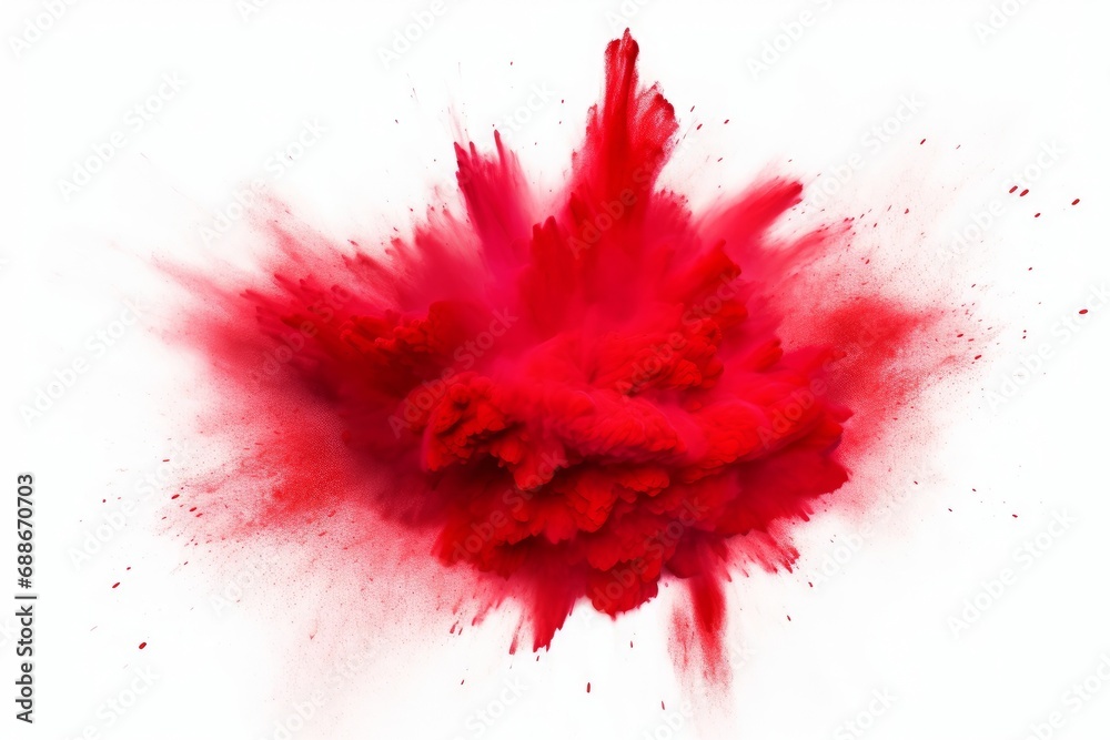 bright red holi paint color powder festival explosion burst isolated white background. industrial print concept background, Generative AI - obrazy, fototapety, plakaty 