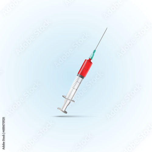 Icon plastic medical syringe with needle and vial in flat style, concept of vaccination, injection. Isolated vector illustration