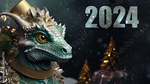 trending green dragon on a dark background with the date 2024 and a place for your wishes. Chinese New Year. Goals for the year.