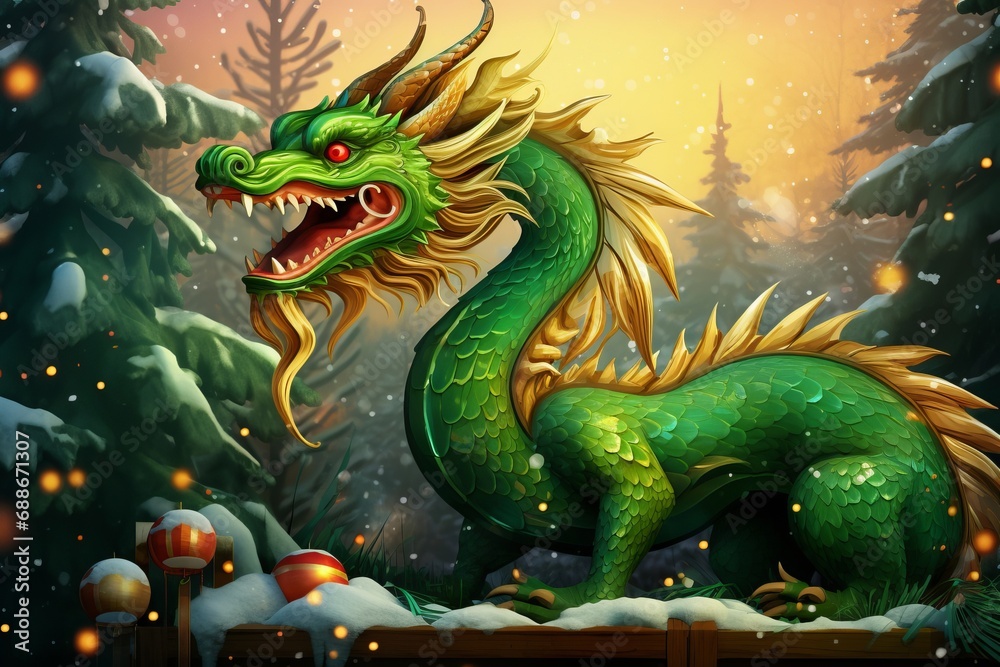 A fabulous green wooden dragon. A cute cartoon dragon is sitting next to Christmas tree with gifts. New Year's 2024 card