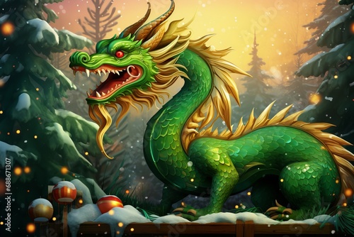 A fabulous green wooden dragon. A cute cartoon dragon is sitting next to Christmas tree with gifts. New Year s 2024 card