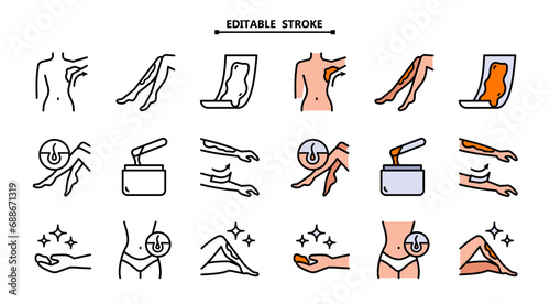 Removing leg hair by using sugaring or strip wax. Beauty treatment icons set for your design