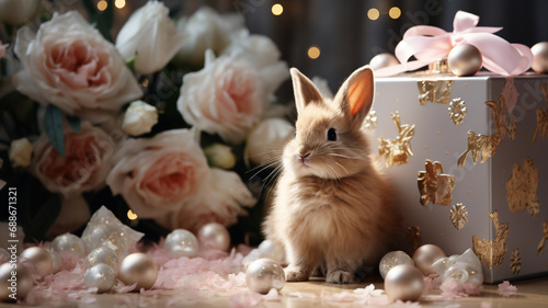Easter composition with bunny, flowers, gift box. Blurred background, White and gold colors. Holiday concept congratulation card © SappiStudio