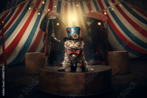 piste de cirque avec un chat déguisé en clown chapeau claque bleu à cocarde, nœud papillon sur un podium. Animal de cirque sous le chapiteau  © Noble Nature
