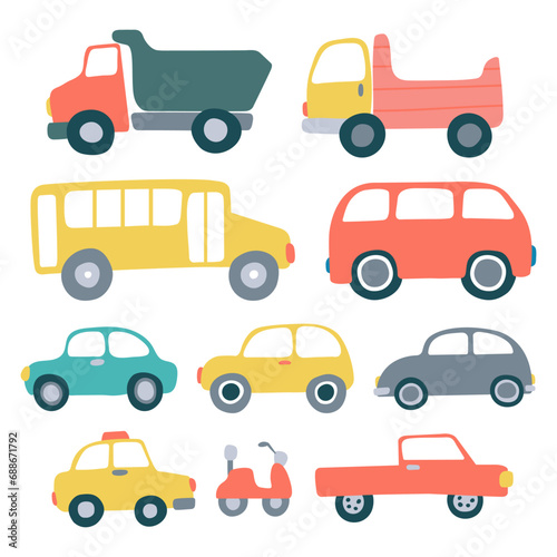 Children map transport set. Vector different kinds of transport in hand drawn flat style set