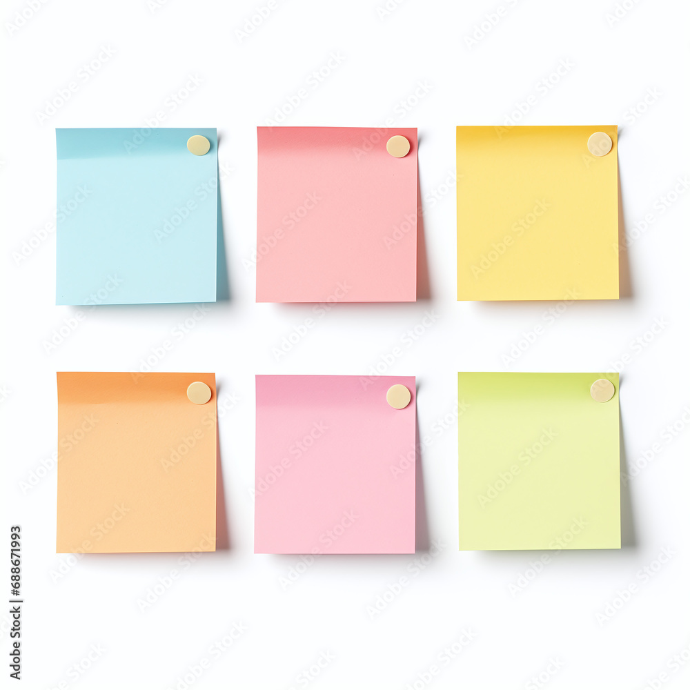 Note papers on white background. Business reminders, messages, graphic element.