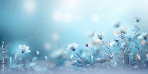 Ethereal blue wildflowers in misty light on blue background