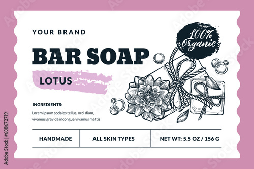 Hand made lotus soap bar package label or sticker design. Vector hand drawn sketch illustration. Badge or banner layout photo