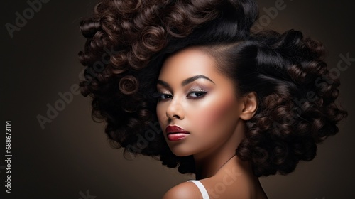 Black woman face & beautiful voluminous hair. Afro american girl. Healthy hair with luxurious haircut. Waves, Curls volume Hairstyle. Hair Salon.