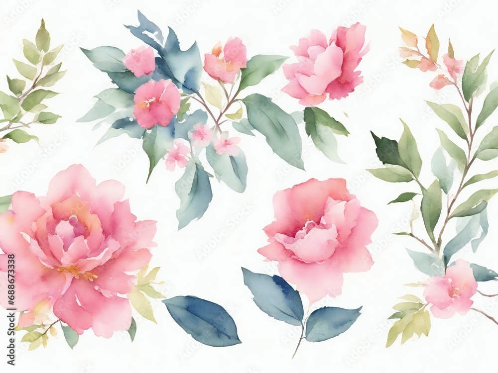 hand drawn watercolor flowers and leaves