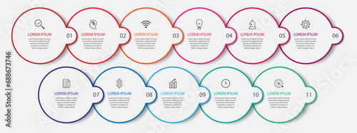 Vector simple Infographic label design template with icons and 11 options or steps. with thin lines, Can be used for process diagrams, presentations, workflow layouts, banners, flowcharts, business