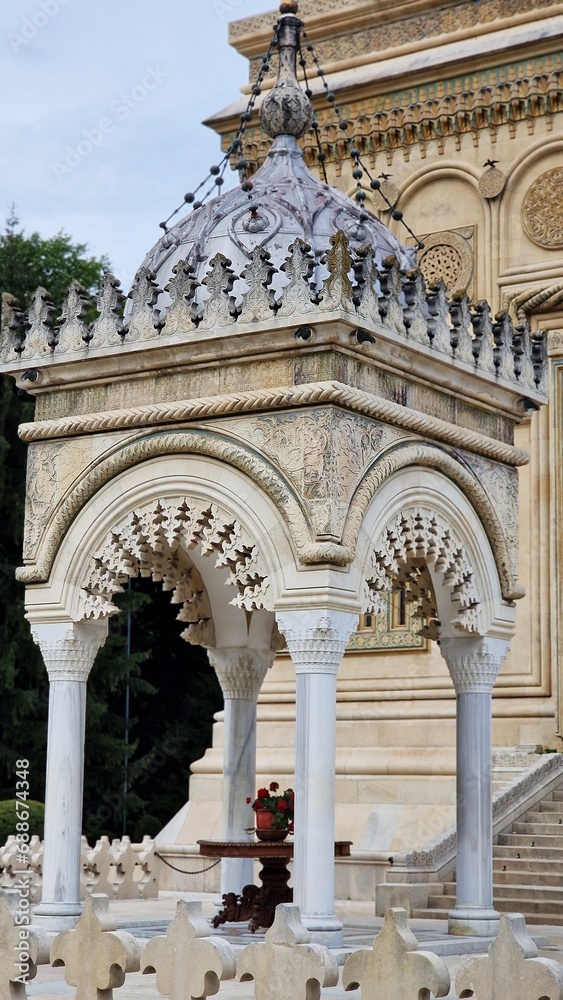 The holy water basin pavilion, in front of the Curtea de Arges Cathedral, in Romania.