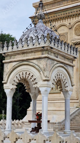 The holy water basin pavilion, in front of the Curtea de Arges Cathedral, in Romania.