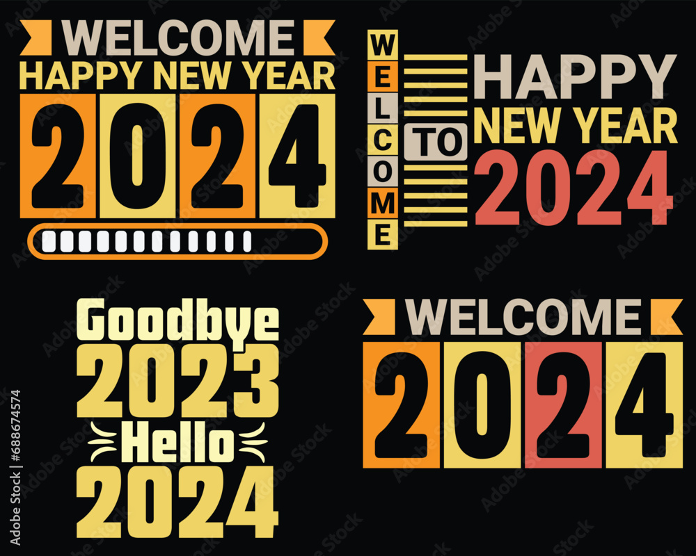 Happy new year 2024 typography t shirt design bundle