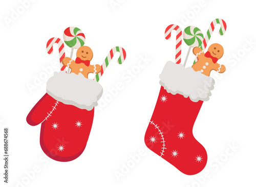 Christmas mitten  and stocking with various traditional holiday ornaments ,snowflakes and Christmas sweets . Lollypops, candies, gingerbread man. Red mittens with presents .