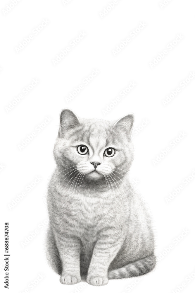 Cute british shorthair, isolated on white background ,sketch drawing, copy space for text