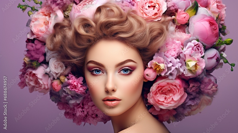Elegant and attractive model girl with floral hair. spouse. Ideal Creative Hair and Makeup Look. Hairdo. Arrangement of Lovely Flowers